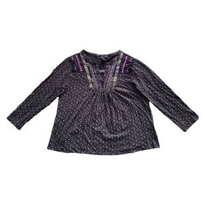 LUCKY BRAND Womens' Purple Embroidered Split Neck 3/4 Sleeve Peasant Top L